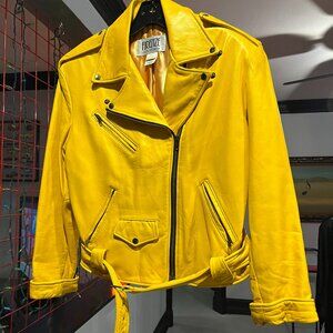 Vintage Bright Yellow Cross Front Leather Moto Jacket (1980s), Size Medium